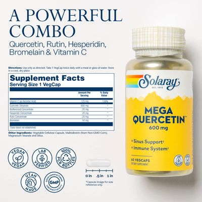 SOLARAY Mega Quercetin Healthy Cells, Heart, Circulatory &amp; Respiratory System Support Bioflavonoids &amp; AMPK Activator Non-GMO, Vegan 60 VegCaps