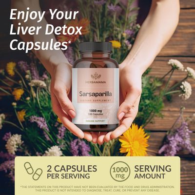 HERBAMAMA Sarsaparilla Root Capsules - 1000mg Sarsaparilla Root Powder for Liver Detox Support - Vegan, Non-GMO Herbal Cleanse Supplement, 100 Caps
