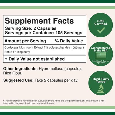 Cordyceps Capsules (Cordyceps Sinensis Mushroom Extract) 210 Count, 3.5 Month Supply, 1,000MG (7% Polysaccharides with Alpha and Beta Glucans) Overall and Aging Support by Double Wood