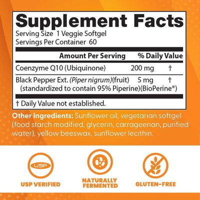 Doctor's Best High Absorption CoQ10 with BioPerine, Heart Health & Energy Production, Naturally Fermented, Vegetarian, Gluten Free, 200 mg, 60 Veggie Softgels