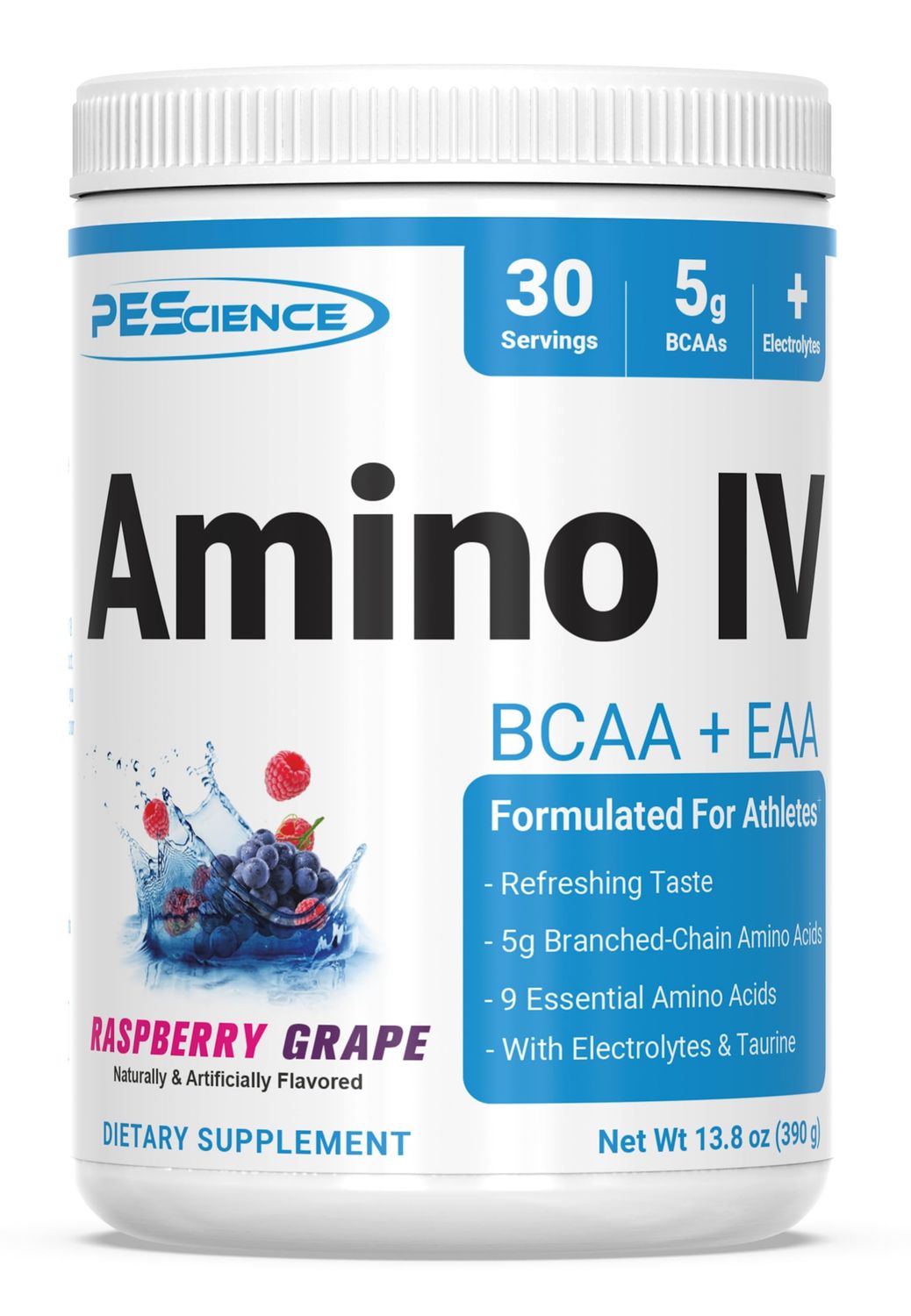 PEScience Amino IV, Raspberry Grape, 60 Scoop, BCAA and EAA Powder with Electrolytes