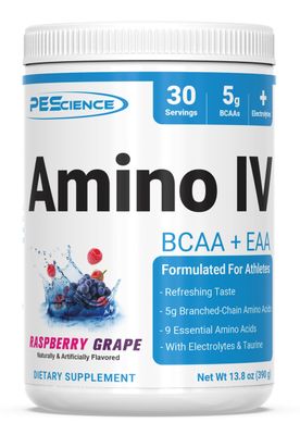 PEScience Amino IV, Raspberry Grape, 60 Scoop, BCAA and EAA Powder with Electrolytes