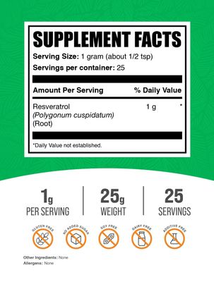 BulkSupplements.com Resveratrol Powder - Resveratrol Supplement, Polygonum Cuspidatum, Resveratrol 1000mg - Antioxidant &amp; Gluten Free, 1000mg per Serving, 25g (0.88 oz) (Pack of 1)