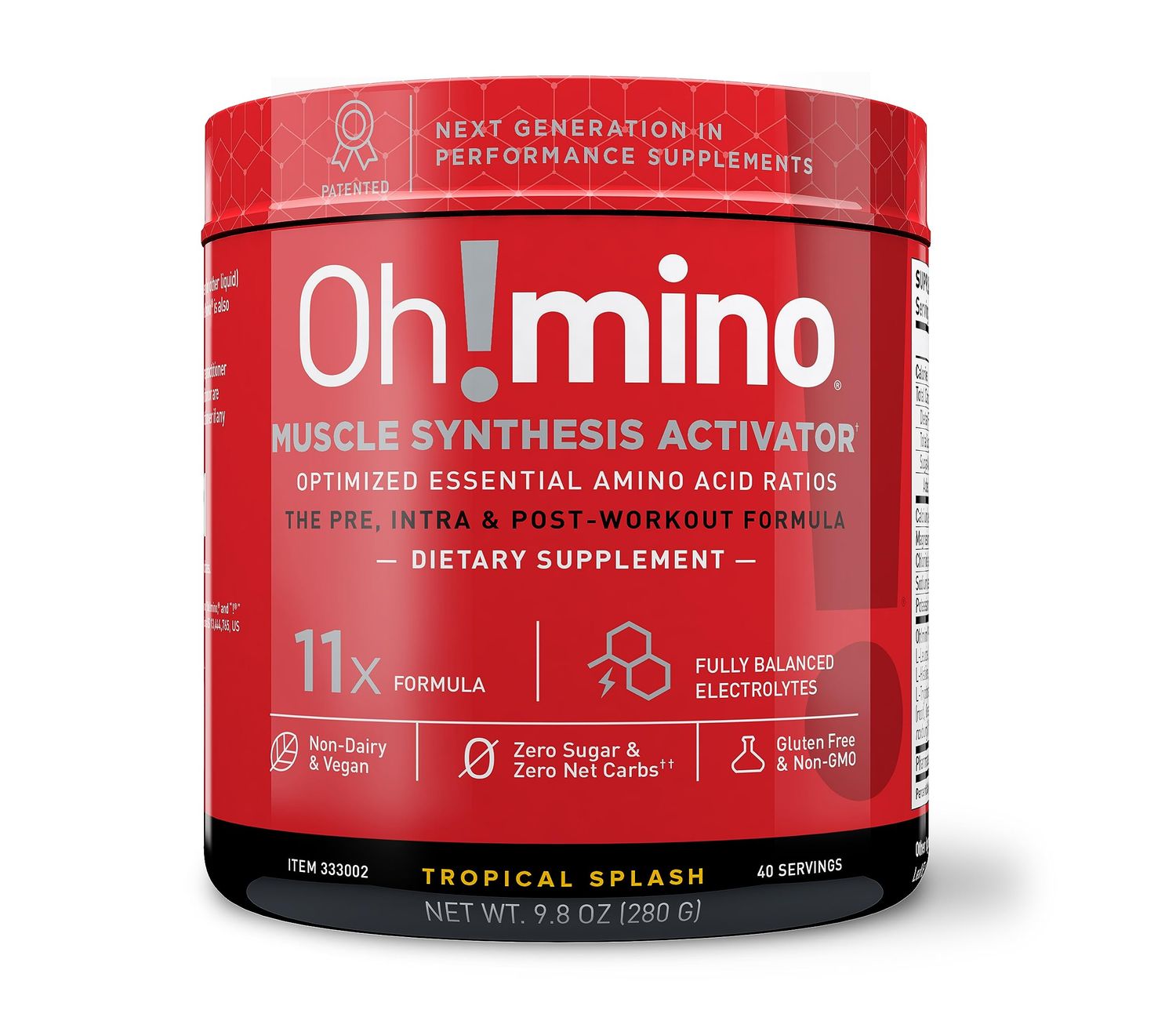 Oh!mino Amino Acid Energy Blend - Pre-Post Workout Powder, BCAA Amino Acids, Workout Recovery Drink, Muscle Synthesis Activator, Caffeinated Tropical Splash, 280 g, 40 Servings