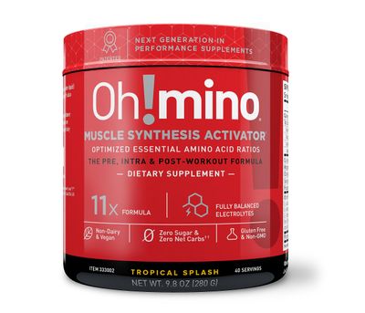 Oh!mino Amino Acid Energy Blend - Pre-Post Workout Powder, BCAA Amino Acids, Workout Recovery Drink, Muscle Synthesis Activator, Caffeinated Tropical Splash, 280 g, 40 Servings