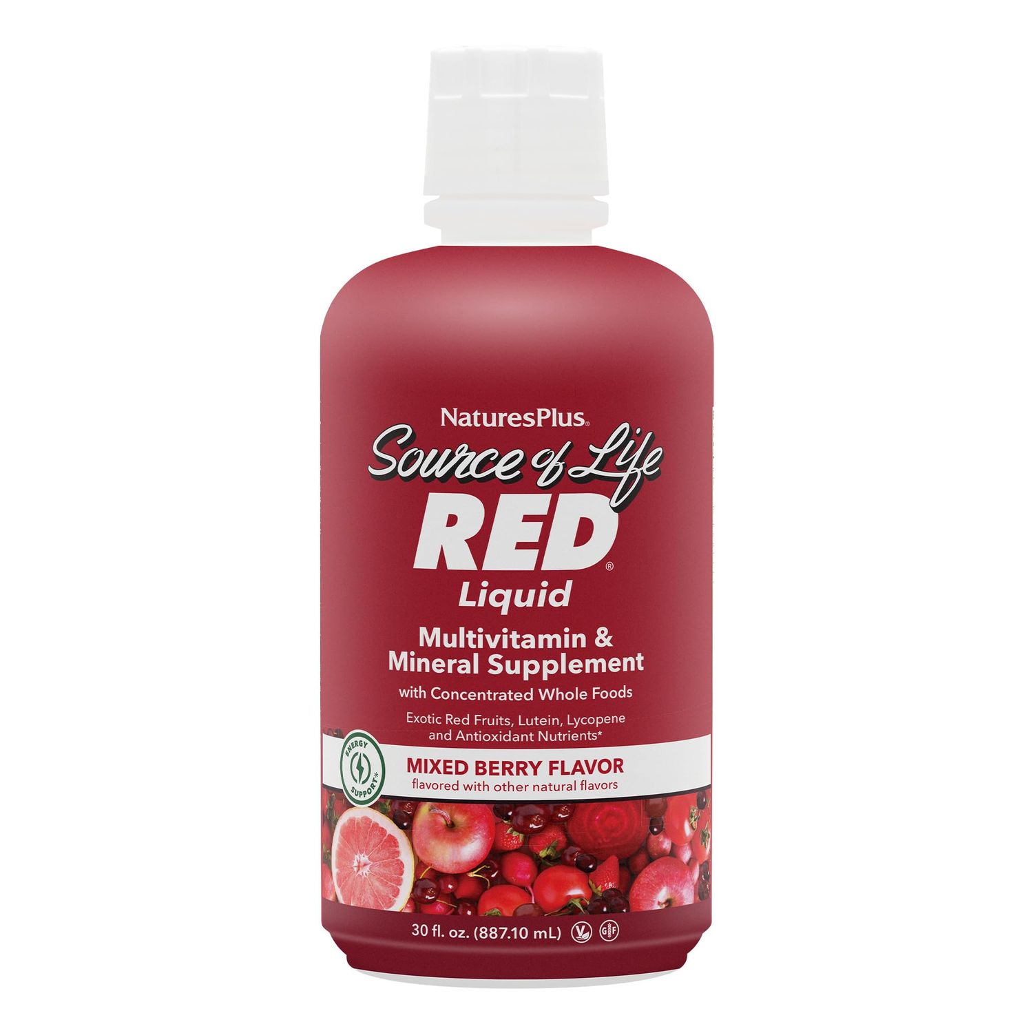 Natures Plus Source of Life RED Multivitamin Liquid - 30 oz - Energy &amp; Immune Support - with Exotic Red Fruits, Lycopene &amp; Lutein - Vegetarian &amp; Gluten Free - 30 Servings