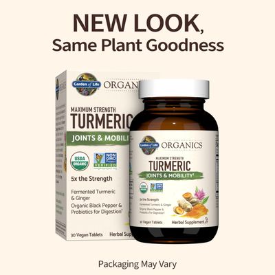 Garden of Life Organics Maximum Strength Turmeric Joints & Mobility Support 30 Tablets - 500mg Curcumin (95% Curcuminoids) Black Pepper - Organic Non-GMO Vegan & Gluten Free Herbal Supplements