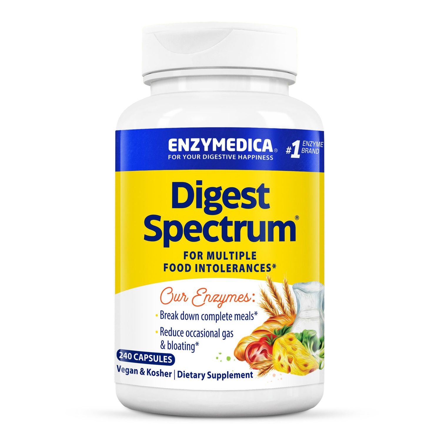 Enzymedica Digest Spectrum, Digestive Enzymes for Multiple Food Intolerances, Breaks Down Gluten, Phenol, Lactose &amp; Casein, Offers Fast-Acting Gas &amp; Bloating Relief, 240 Count