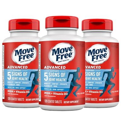 Move Free Advanced Glucosamine Chondroitin MSM + Vitamin D3 Joint Support Supplement, Supports Mobility Comfort Strength Flexibility &amp; Bone + Immune Health - Tablet, 3x120ct Bottles (120 servings)*