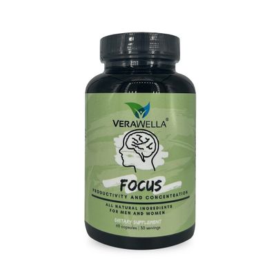 VeraWella - Focus, Anti Brain Fog, Brain Booster with American Ginseng, Rhodiola &amp; Bacopa Monnieri, Supports Productivity and Concentration, 60 Capsules (30 Servings)