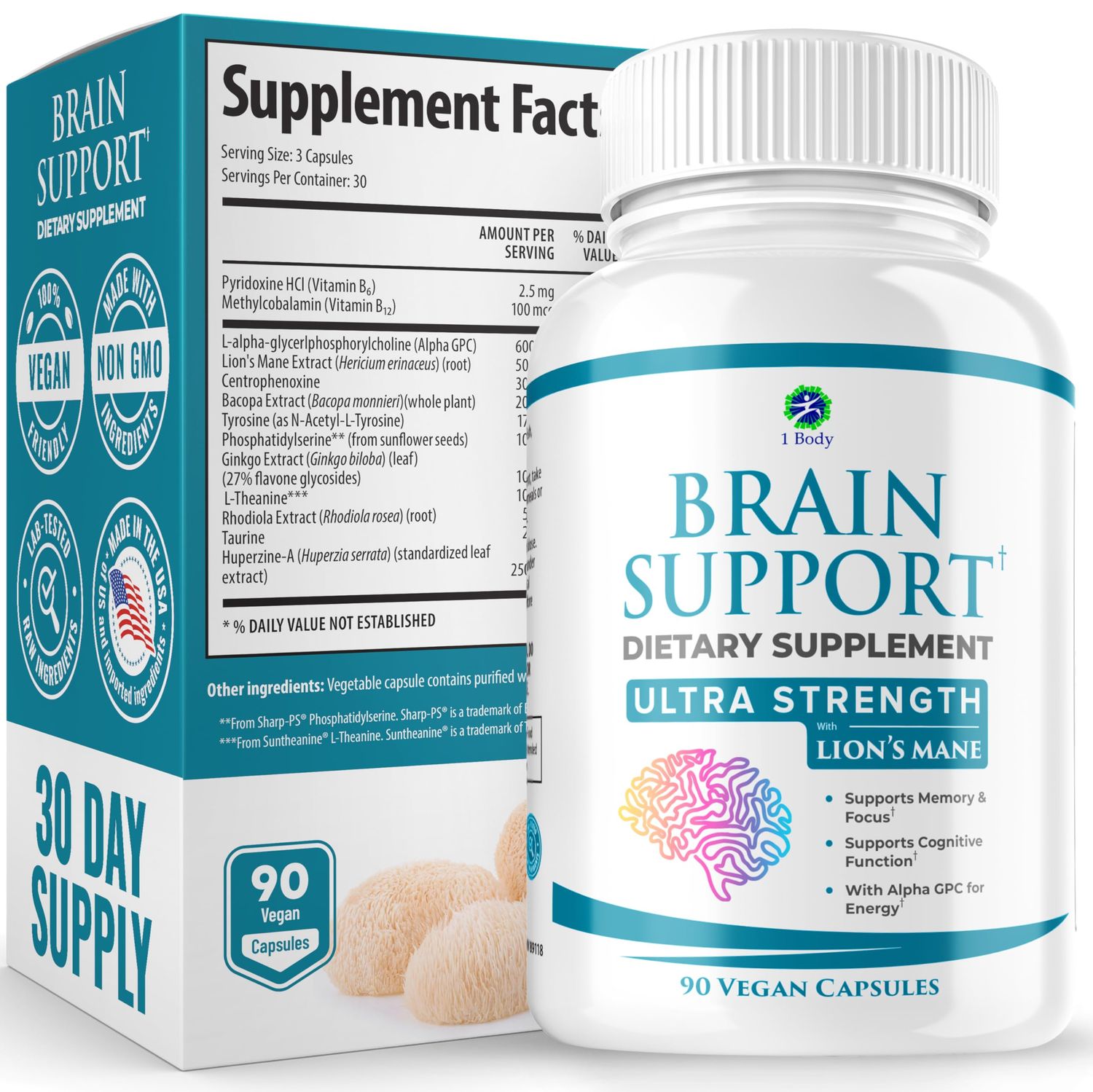 1 Body Brain Supplement Capsules with Lions Mane for Memory and Focus - Nootropics, Alpha GPC, Bacopa Monnieri