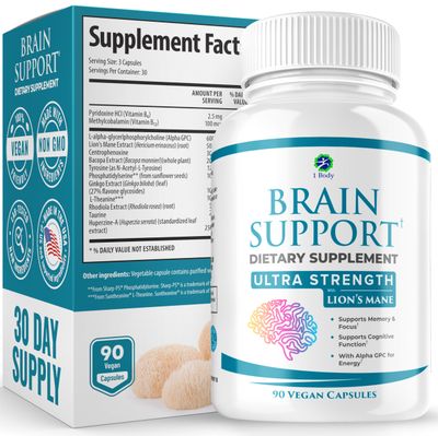 1 Body Brain Supplement Capsules with Lions Mane for Memory and Focus - Nootropics, Alpha GPC, Bacopa Monnieri