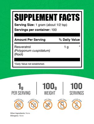 BulkSupplements.com Resveratrol Powder - Resveratrol Supplement, Polygonum Cuspidatum, Resveratrol 1000mg - Antioxidant &amp; Gluten Free, 1000mg per Serving, 100g (3.5 oz) (Pack of 1)