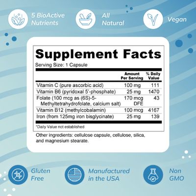 Blood Booster Iron Supplement for Energy and Fatigue - Gentle, Non-constipating Iron, Methylfolate and Other coenzyme B Vitamins (180 caps - Vegan, Gluten Free, Non-GMO)