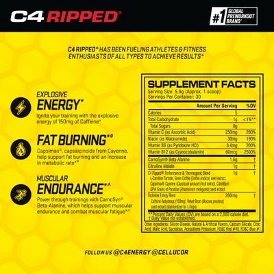 Cellucor C4 Ripped Pre Workout Powder for Energy | Beta Alanine, Sugar Free Energy Supplement Preworkout for Men & Women - 150mg Caffeine + Creatine-Free, Raspberry Lemonade 30 Servings