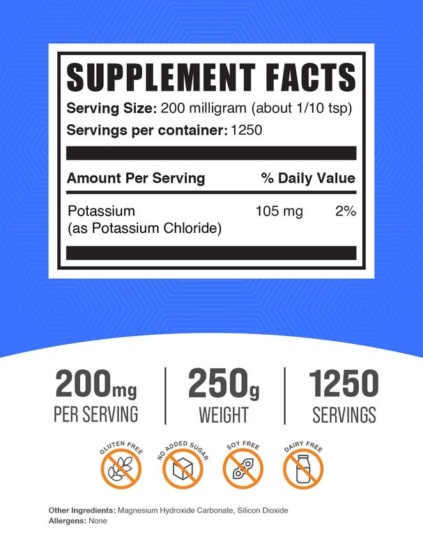 BulkSupplements.com Potassium Chloride Powder - Potassium Supplement Powder, Potassium Chloride Salt Substitute, Potassium Salt - Gluten Free, 200mg per Serving, 250g (8.8 oz) (Pack of 1)