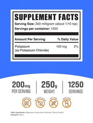 BulkSupplements.com Potassium Chloride Powder - Potassium Supplement Powder, Potassium Chloride Salt Substitute, Potassium Salt - Gluten Free, 200mg per Serving, 250g (8.8 oz) (Pack of 1)