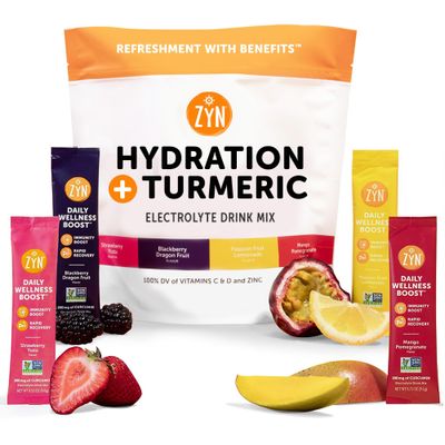 ZYN Electrolytes Powder Hydration Packets with Vitamins, Zinc &amp; Turmeric Curcumin for Gut Health, Immune Support, Recovery, Low Sugar Packets with Piperine, Variety, 24 Pack
