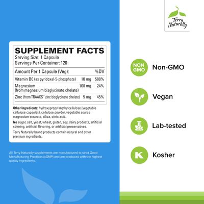 Terry Naturally BioActive Magnesium Complex - 120 Capsules - with Vitamin B6 &amp; Zinc - Non-GMO, Vegan, Gluten Free, Kosher - 120 Servings