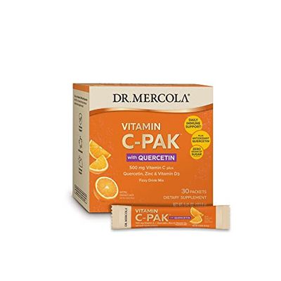 Dr. Mercola Vitamin C-Pak with Quercetin, 30 Servings (30 Packets), Fizzy Drink Mix, 500 mg Vitamin C, Zinc &amp; Vitamin D3, Orange Flavor, Dietary Supplement, Immune Support, Non-GMO