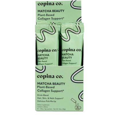 Copina Co. Matcha Beauty Vegan Collagen Booster Drink Blend: Plant Based Collagen Support Smoothie Drink Vegan Blend Variety Pack | Matcha Flavor | 10 Individual Stick Packs per Carton