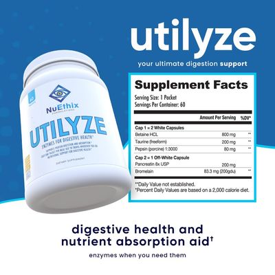 NuEthix Formulations Utilyze Enzymes for Digestive Wellness, Dietary Supplement for Nutrient Absorption, 60 Travel Packets