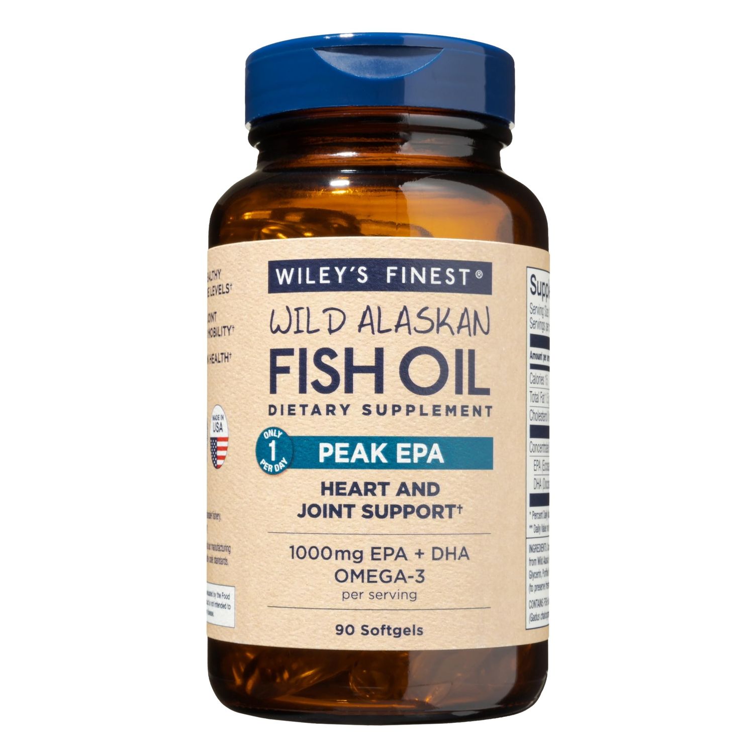 Wiley&#39;s Finest Wild Alaskan Fish Oil Peak EPA - Triple Strength Peak EPA and DHA - 1000mg Omega-3s, SQF-Certified - 90 Softgels (90 Servings)