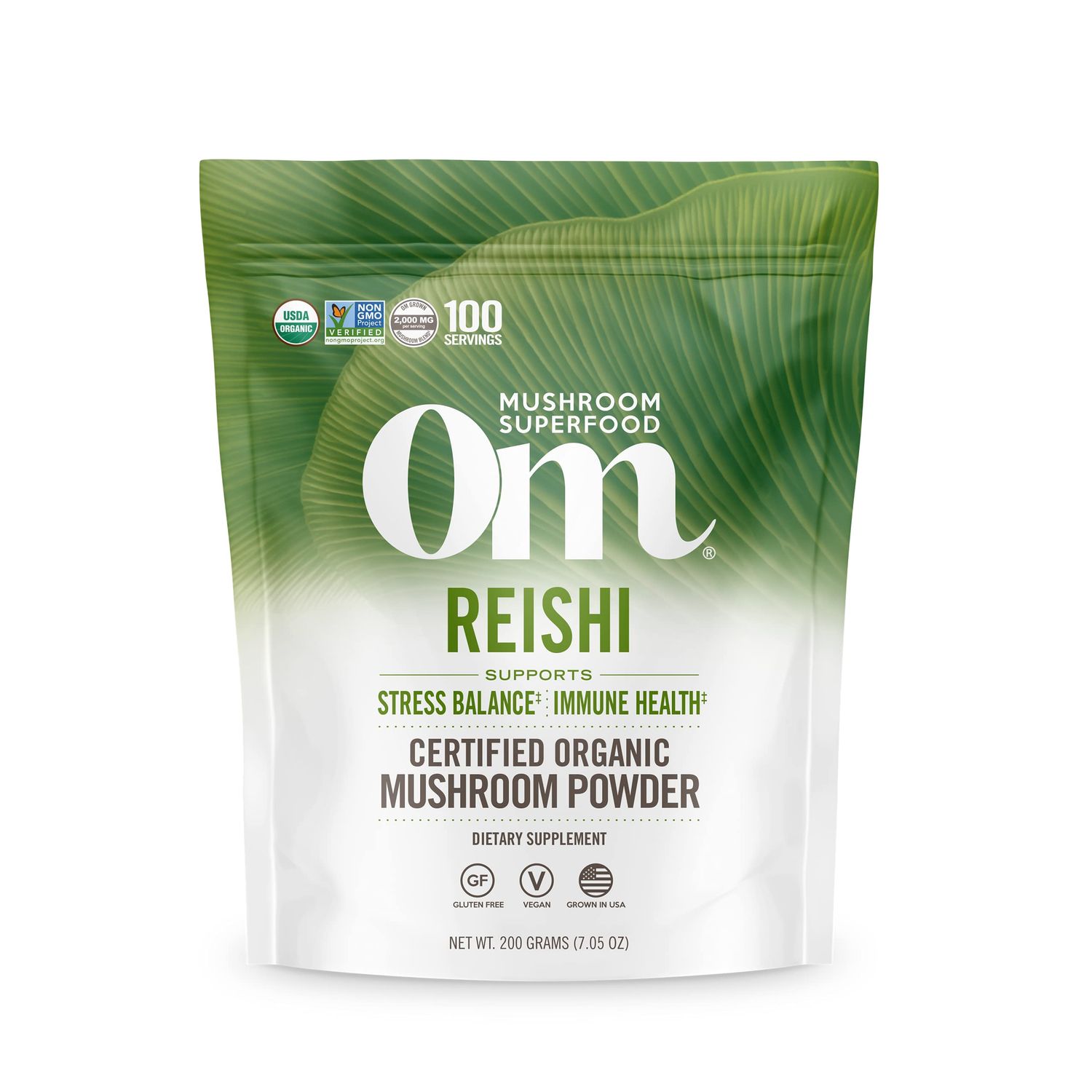 Om Mushroom Superfood Reishi Organic Mushroom Powder, 7.05 Ounce Pouch, 100 Servings, Adaptogen, Stress &amp; Immune Support, Superfood Mushroom Supplement