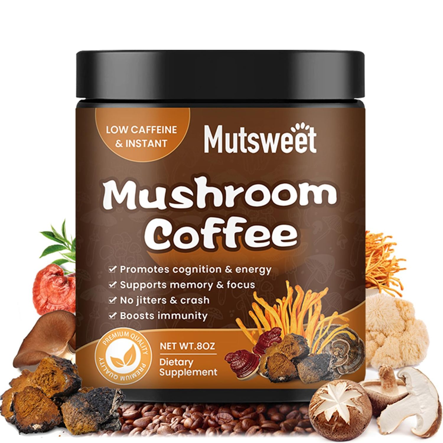 Mushroom Coffee for Smoothies/Latte, Mushroom Powder Blend (57 Servings) with Lions Mane, Reishi, Cordyceps, Turkey Tail, Chaga - Mushroom Supplement for Energy, Focus, Immune- 8 oz