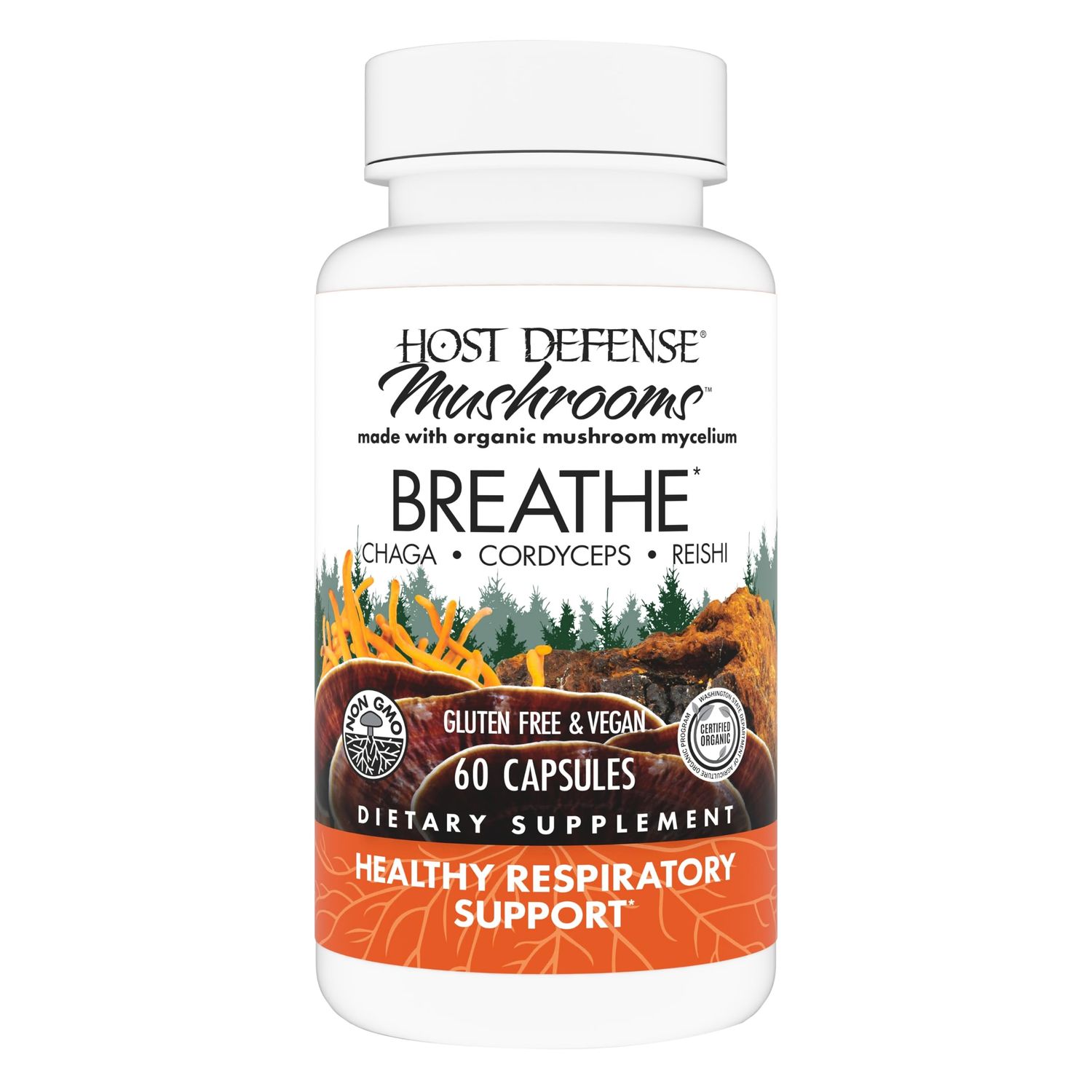 Host Defense Breathe* Capsules - Immune &amp; Respiratory Support Mushroom Supplement - Herbal Lung Health Supplement with Chaga, Reishi &amp; Cordyceps - 60 Capsules (30 Servings)*