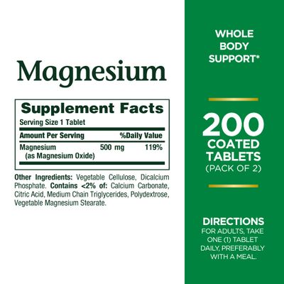 Nature's Bounty Magnesium 500mg Tablets, Supports Bone &amp; Muscle Health, Twin Pack, 400 Tablets