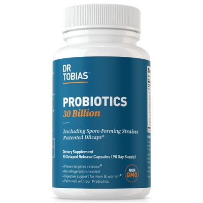 Dr. Tobias Probiotics 30 Billion, 10 Strains, 30 Billion CFU&#39;s, Targeted Release Probiotics for Digestive Health, Shelf-Stable Probiotics for Women &amp; Men, Non-GMO, 90 Capsules, 90 Servings