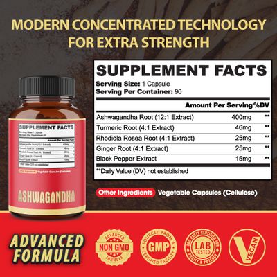 90 Capsules - Ashwagandha Supplement Capsules - Ginger Root, Turmeric, Rhodiola Rosea &amp; Black Pepper