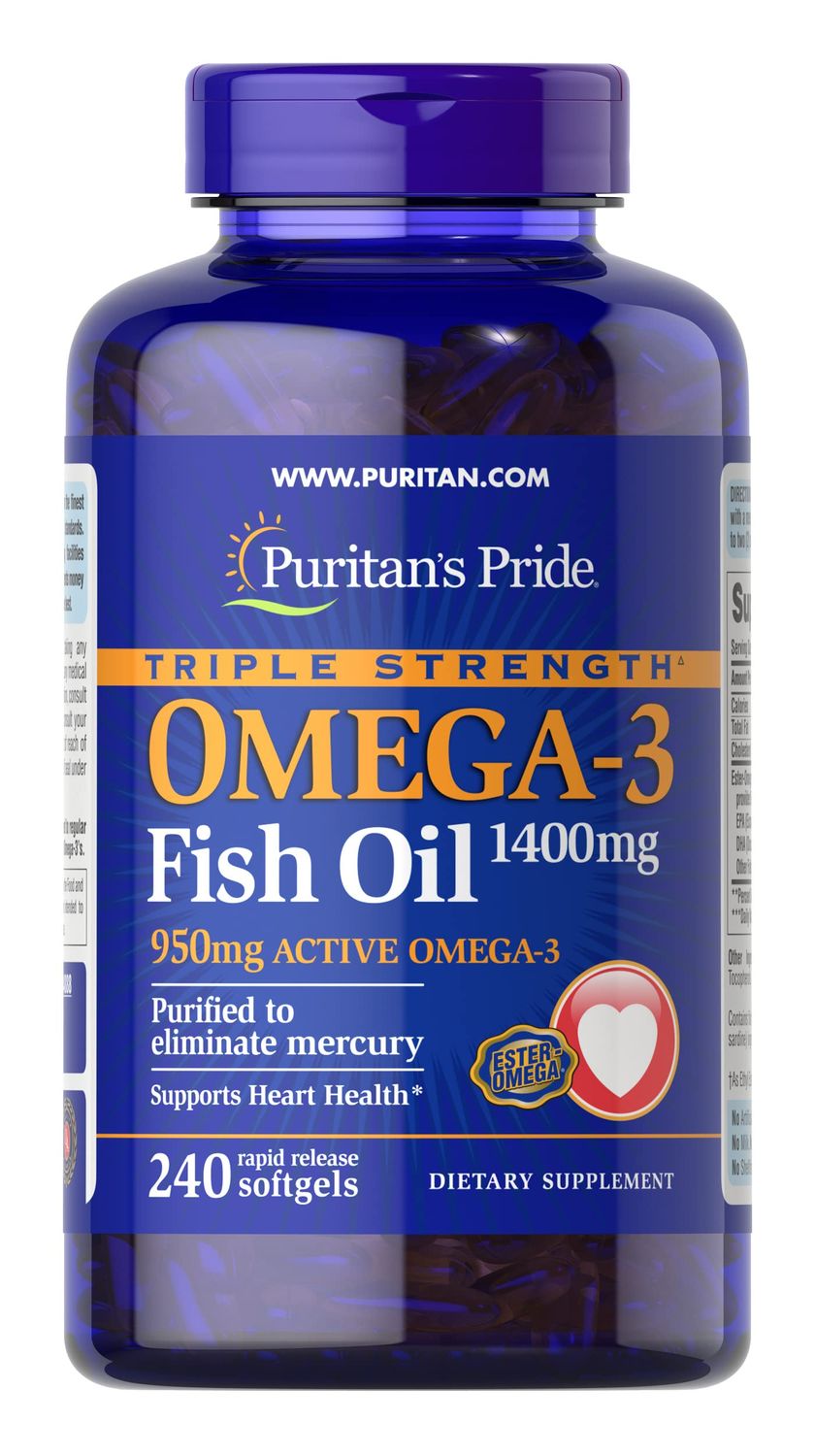 Puritan&#39;s Pride Triple Strength Omega-3 Fish Oil 1400mg, Active Omega-3 950mg, Dietary Supplement for Heart, Joint, and Cellular Health Support, 240 Rapid Release Softgels (Packaging May Vary)