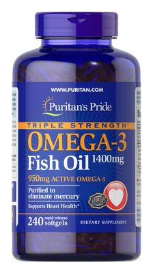 Puritan&#39;s Pride Triple Strength Omega-3 Fish Oil 1400mg, Active Omega-3 950mg, Dietary Supplement for Heart, Joint, and Cellular Health Support, 240 Rapid Release Softgels (Packaging May Vary)