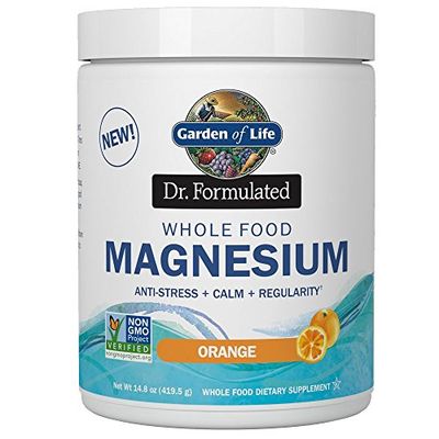 Garden of Life Dr. Formulated Whole Food Magnesium 419.5g Powder - Orange, Chelated, Non-GMO, Vegan, Kosher, Gluten &amp; Sugar Free Supplement with Probiotics - Best for Anti-Stress, Calm &amp; Regularity