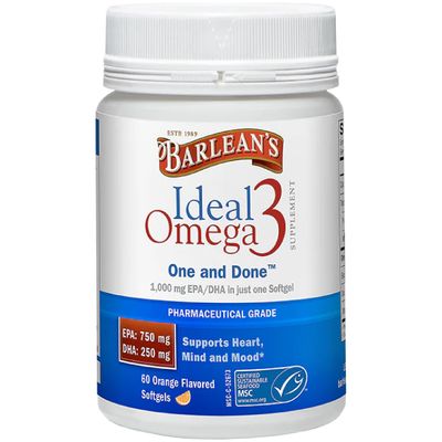 Barlean&#39;s Ideal Omega 3 Fish Oil Supplement, 1,000 mg Softgels, Pharmaceutical Grade EPA &amp; DHA for Brain, Joint, &amp; Heart Health, Orange Flavor, 60 ct