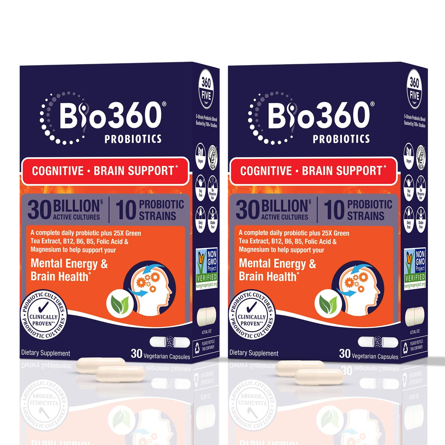 Bio360 Cognitive Support Probiotic for Brain Health, Digestive, Immune Health &amp; Mental Energy, 30 Billion CFU, 10 Probiotics, 25X Green Tea Extract, Magnesium &amp; Vitamin B5, B6 &amp; B12, 30CT (2 Pack)