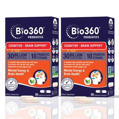 Bio360 Cognitive Support Probiotic for Brain Health, Digestive, Immune Health &amp; Mental Energy, 30 Billion CFU, 10 Probiotics, 25X Green Tea Extract, Magnesium &amp; Vitamin B5, B6 &amp; B12, 30CT (2 Pack)