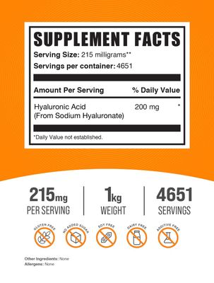 BulkSupplements.com Hyaluronic Acid Powder - Hyaluronic Acid Supplements, Hyaluronic Acid 215mg - Hyaluronic Acid Food Grade, Gluten Free - 215mg per Serving, 1kg (2.2 lbs) (Pack of 1)