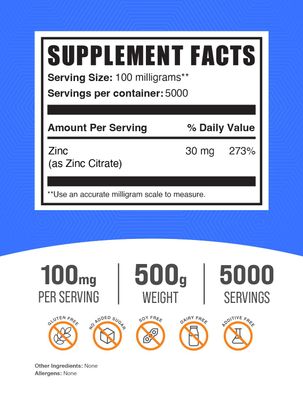 BulkSupplements.com Zinc Citrate Powder - Zinc Supplements, Zinc 30mg - Pure Zinc Citrate for Immune Support - Gluten Free, 100mg per Serving, 500g (1.1 lbs) (Pack of 1)
