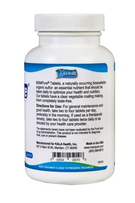 KALA HEALTH MSMPure MSM Tablets- 1,000 mg Organic Sulfur per Tablet for Joint Flexibility, Skin Appearance, Hair &amp; Nail Support - 120 Count, USA Made MSM
