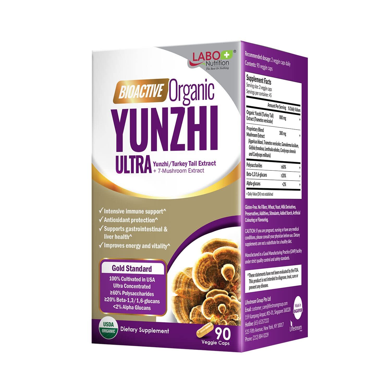 LABO Nutrition Bioactive Organic Yunzhi/Turkey Tail Ultra, USDA Organic, 8 Medicinal Mushroom Supplement, Cordyceps, Maitake, Reishi, Agaricus blazei Murill, Shiitake, for Immunity, No Fillers, Vegan