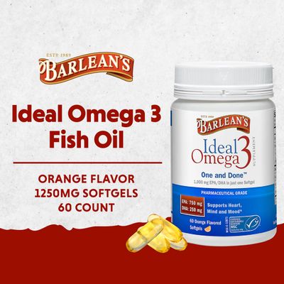 Barlean's Ideal Omega 3 Fish Oil Supplement, 1,000 mg Softgels, Pharmaceutical Grade EPA &amp; DHA for Brain, Joint, &amp; Heart Health, Orange Flavor, 60 ct