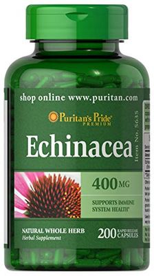 Puritan&#39;s Pride Premium Echinacea Natural Whole Herb Herbal Supplement 400mg, Dietary Supplement for Health, Immune System Support, 200 Rapid Release Capsules