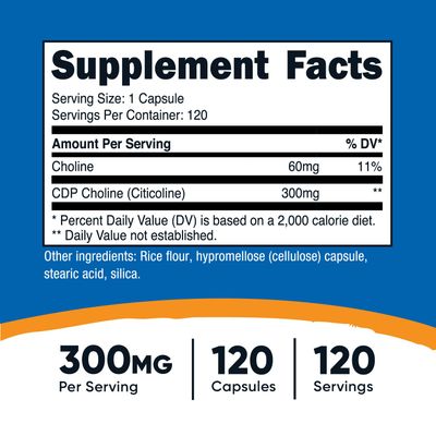 Nutricost CDP Choline (Citicoline) 300mg, 120 Vegetarian Capsules - Non-GMO, Vegetarian Friendly, Gluten Free