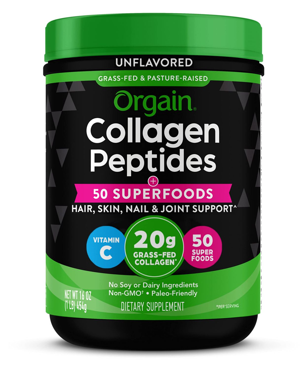 Orgain Hydrolyzed Collagen Powder + 50 Organic Superfoods For Women &amp; Men, 20g Grass Fed Collagen with Vitamin C, Unflavored - Hair, Skin, Nail, &amp; Joint Support Supplement, Non-GMO, Type I &amp; III, 1lb