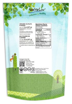 Food to Live Organic Alfalfa Powder, 8 Ounces - Non-GMO, Made from Raw Dried Whole Young Leaves, Vegan, Bulk, Great for Baking, Juices, Smoothies, Shakes, Tea, Drinks. for Dietary Fiber and Protein