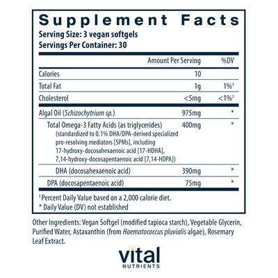 Vital Nutrients Ultra Pure Vegan Omega SPM+ | Vegan Specialized Pro-Resolving Mediators (SPM) Omega-3 Supplement | Minor Joint Discomfort Relief* | Gluten, Dairy, Soy Free, Non-GMO | 90 Mini Softgels