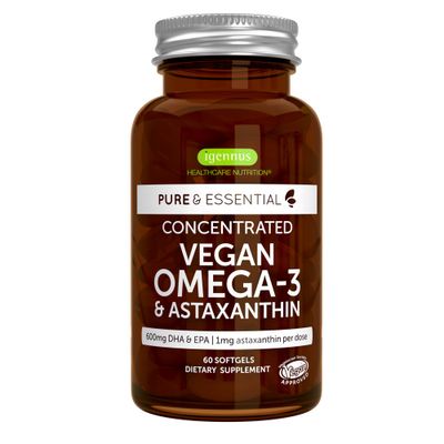 Vegan Omega 3 Triglyceride, Algae Oil &amp; Astaxanthin Antioxidant, 1344mg Omega 3, Pure &amp; Sustainable, 60 Small Softgels, 400mg DHA &amp; 200mg EPA, Clean Label, Easy-to-Swallow, 30 Servings, by Igennus